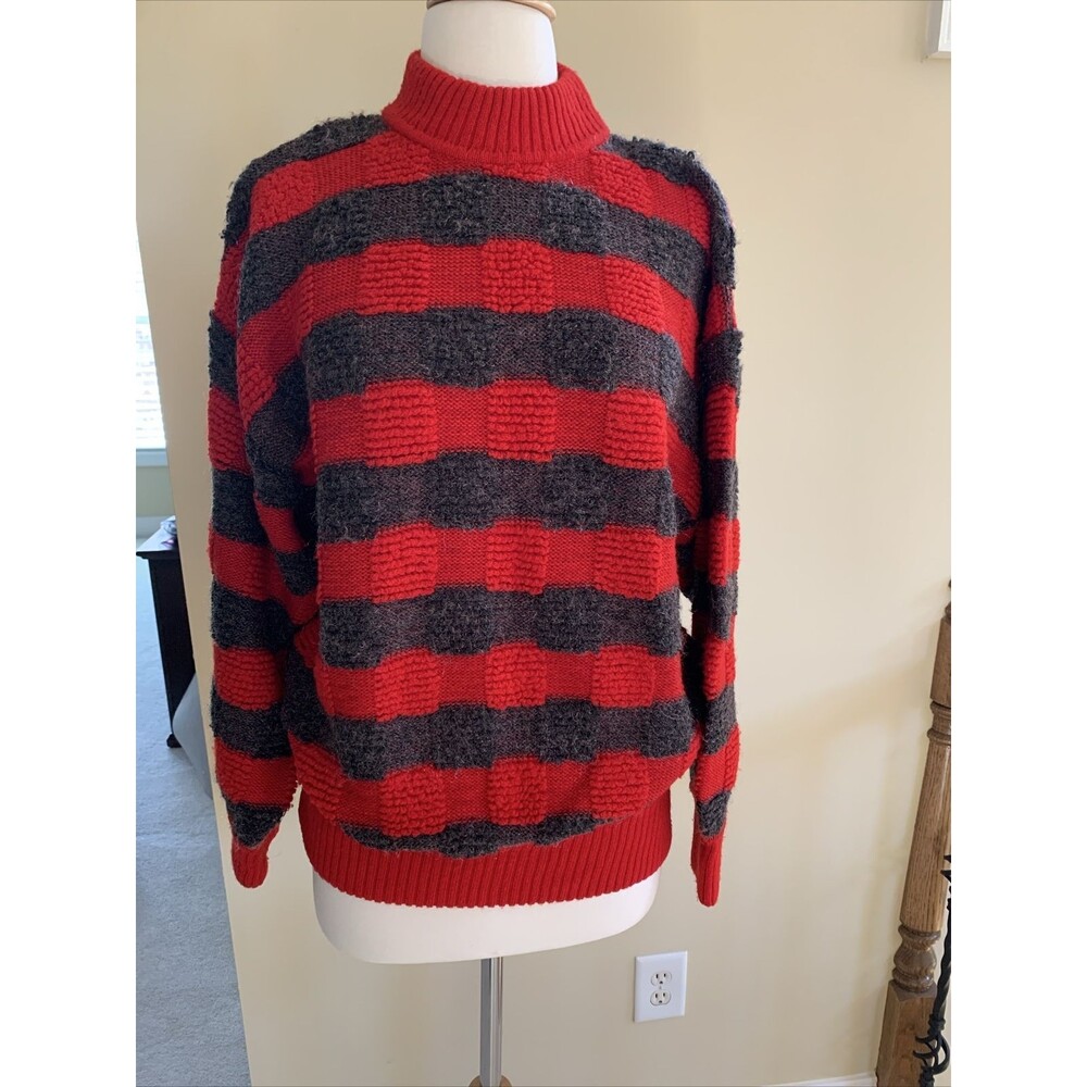 Courreges Paris Wool Vintage Sweater Red Gray Oversize Size Small